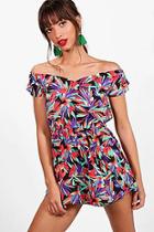 Boohoo Ruby Off The Shoulder Tropical Print Playsuit