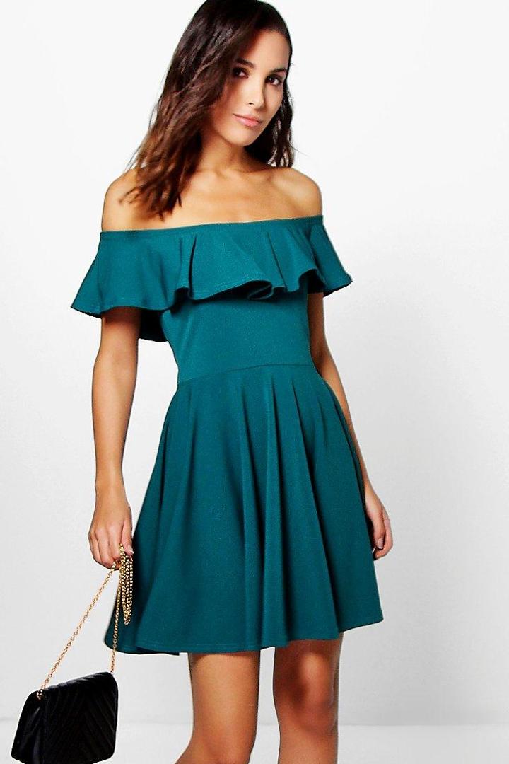 Boohoo Abela Off Shoulder Frill Detail Skater Dress Emerald