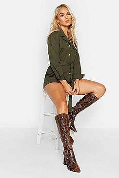 Boohoo Petite Utility Button Front Belted Playsuit