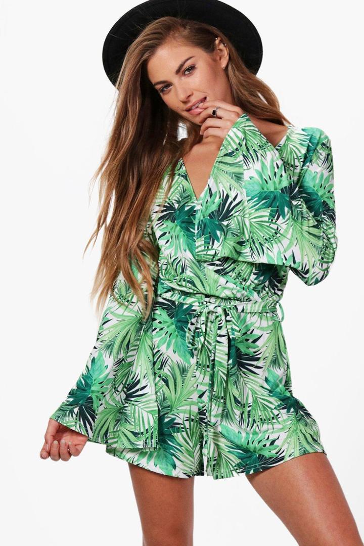 Boohoo Hallie Printed Wrap Over Playsuit Green