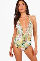 Boohoo Tall Ruby Tropical Print Fringed Swimsuit