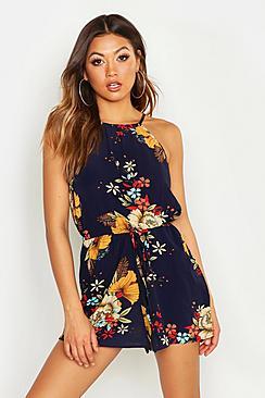 Boohoo High Neck Floral Print Playsuit