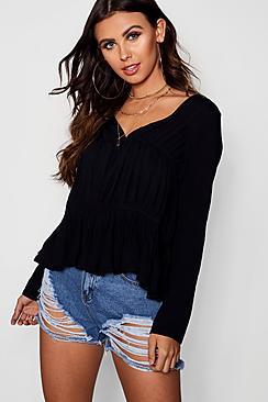 Boohoo Petite Ellie Gathered Front V Neck Blouse