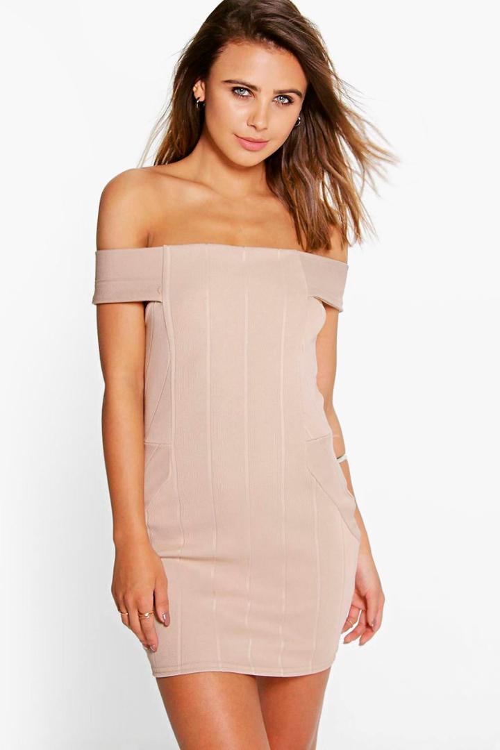 Boohoo Petite Tessie Bardot Bandage Bodycon Dress Stone