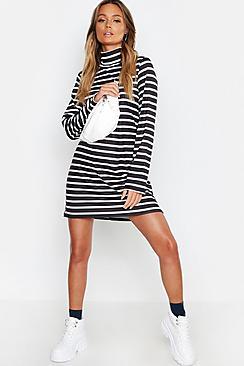 Boohoo Roll Neck Striped Oversized T-shirt Dress