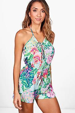 Boohoo Charlotte Neon Floral Beach Playsuit