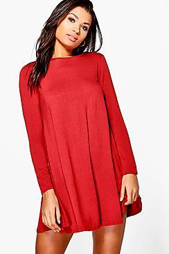 Boohoo April Basic Scoop Neck Long Slv Swing Dress