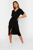 Boohoo V Neck Wrap Belted Midi T-shirt Dress