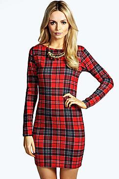 Boohoo Amelia Tartan Long Sleeve Bodycon Dress