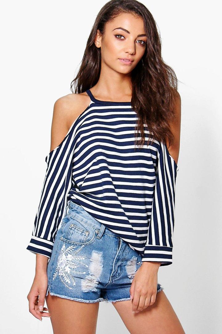 Boohoo Tall Maeve Raw Edge Stripe Cold Shoulder Sweat Multi