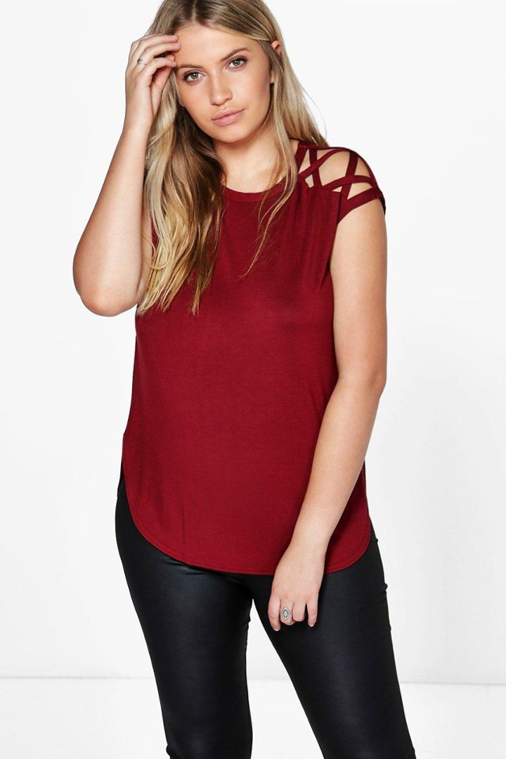 Boohoo Plus Anya Lace Up Detail Shoulder Tee Wine