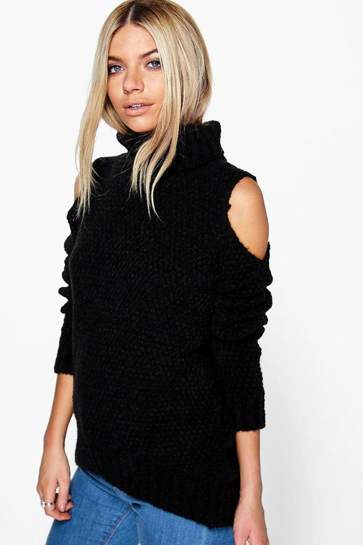 Boohoo Lola Roll Neck Cold Shoulder Jumper Black