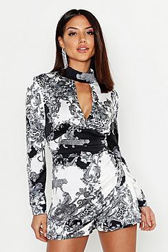 Boohoo Satin Scarf Print High Neck Skort Playsuit