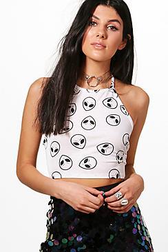 Boohoo Caitlin Alien Print Halter Crop Top