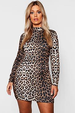 Boohoo Plus High Neck Long Sleeve Leopard Mini Dress