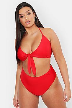 Boohoo Plus Tie Front High Waist Bikini