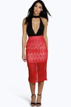 Boohoo Lauvena Lace Contrast Midi Skirt Red