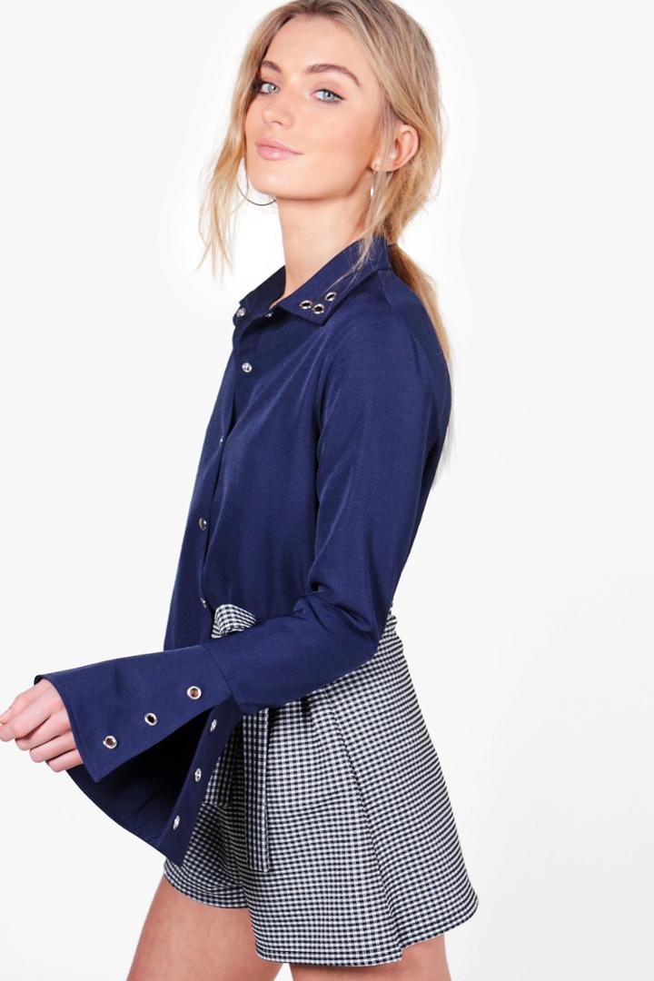 Boohoo Grace Eyelet Split Cuff Shirt Blue