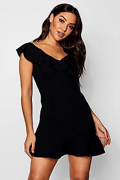 Boohoo Katie Ruffle Detail Neck & Hem Dress