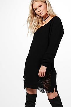 Boohoo Emma Slash Neck Distressed Hem Jumper Dress