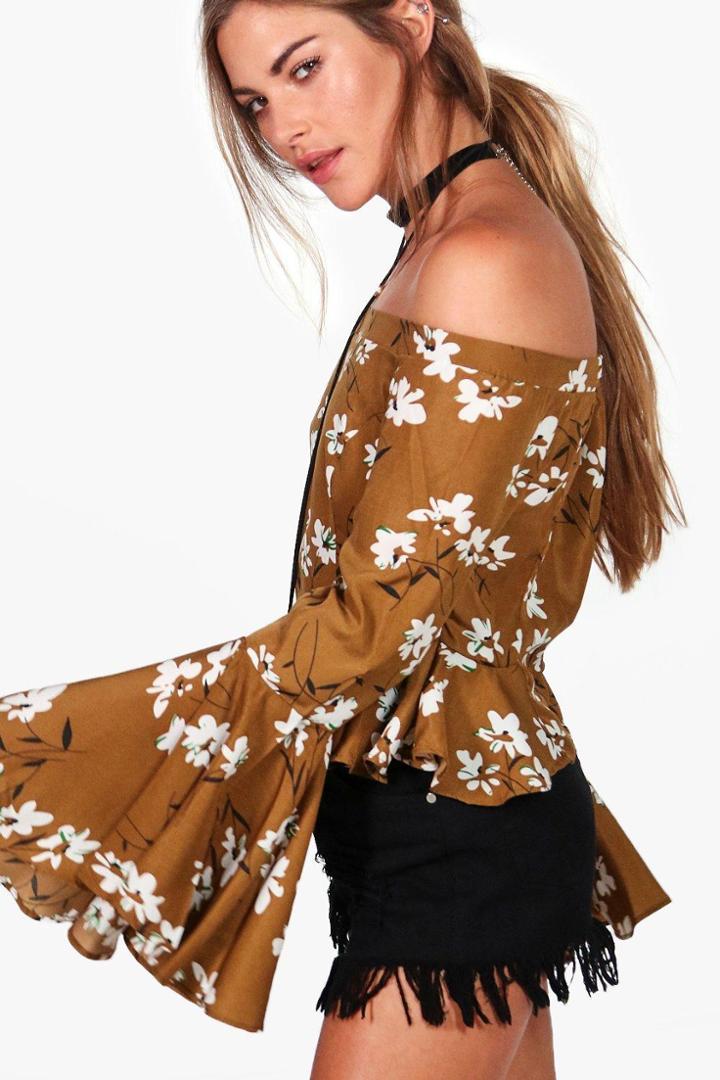 Boohoo Layla Floral Bardot Flare Sleeve Top Multi