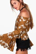 Boohoo Layla Floral Bardot Flare Sleeve Top Multi