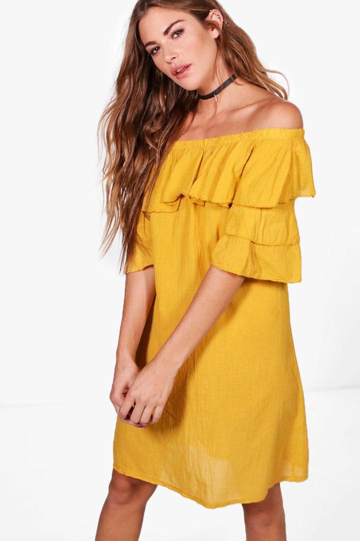 Boohoo Amelia Ruffle Off Shoulder Dress Mustard