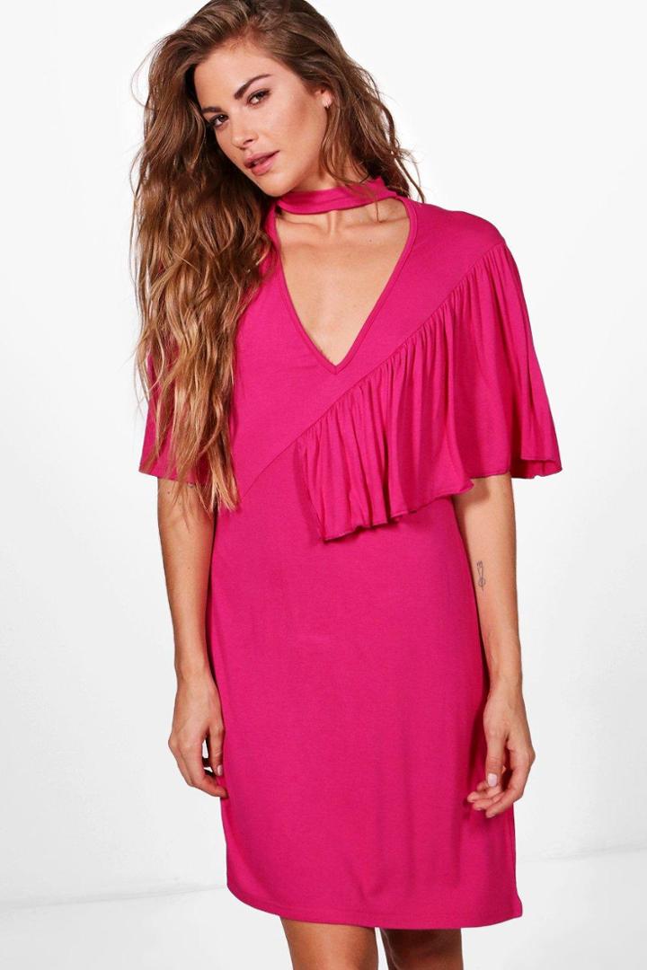 Boohoo Naomi Deep V Frill Choker Shift Dress Freesia