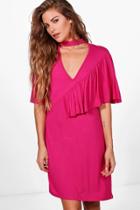 Boohoo Naomi Deep V Frill Choker Shift Dress Freesia