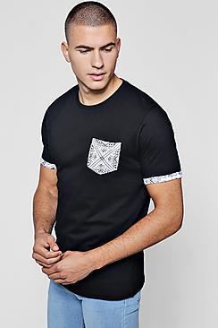 Boohoo Paisley Pocket T-shirt With Rolled Sleeves