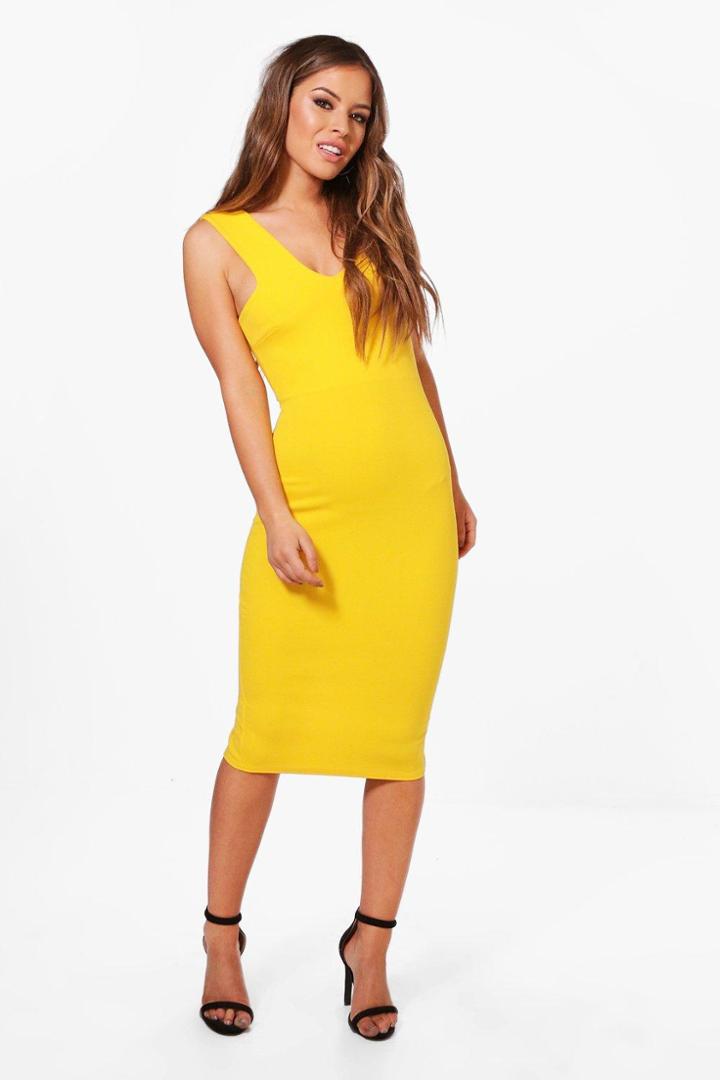 Boohoo Petite Nancy Cutaway Neck Midi Bodycon Dress Yellow