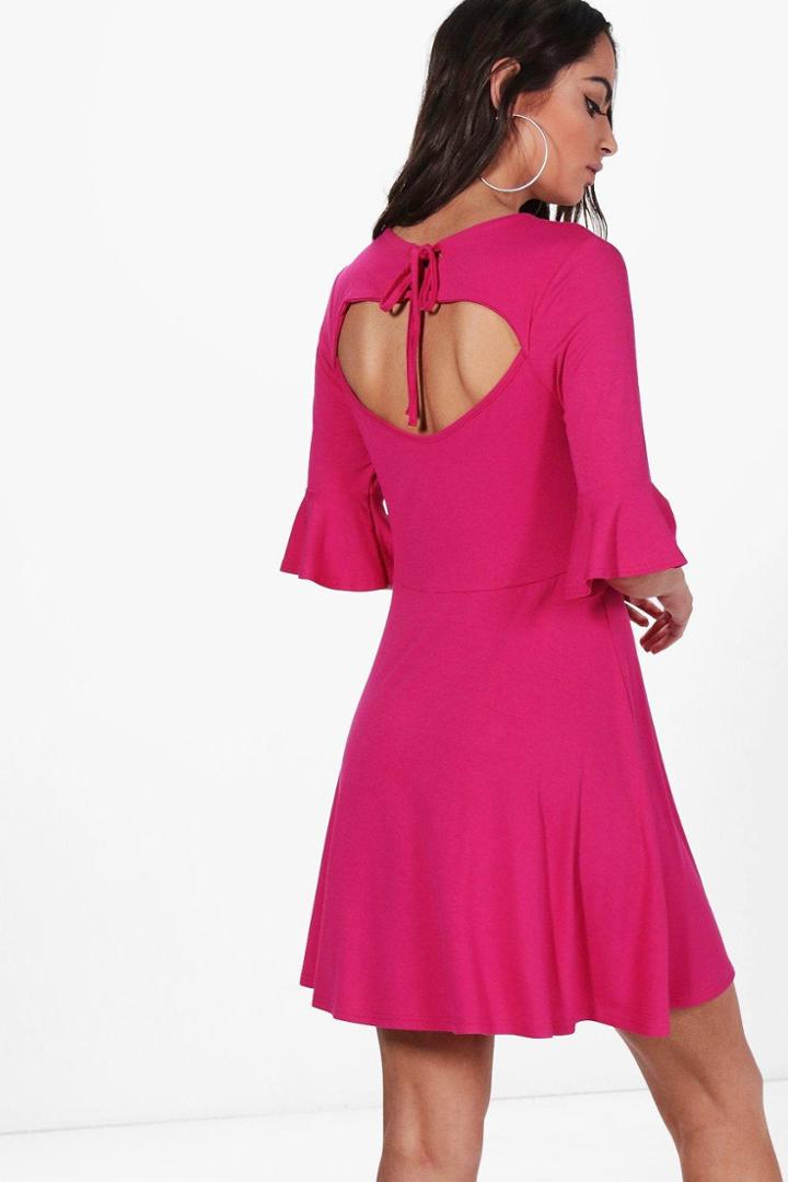 Boohoo Sophie Lace Up Detail Ruffle Skater Dress Fuchsia