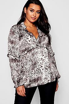 Boohoo Plus Animal Print Ruffle Plunge Blouse