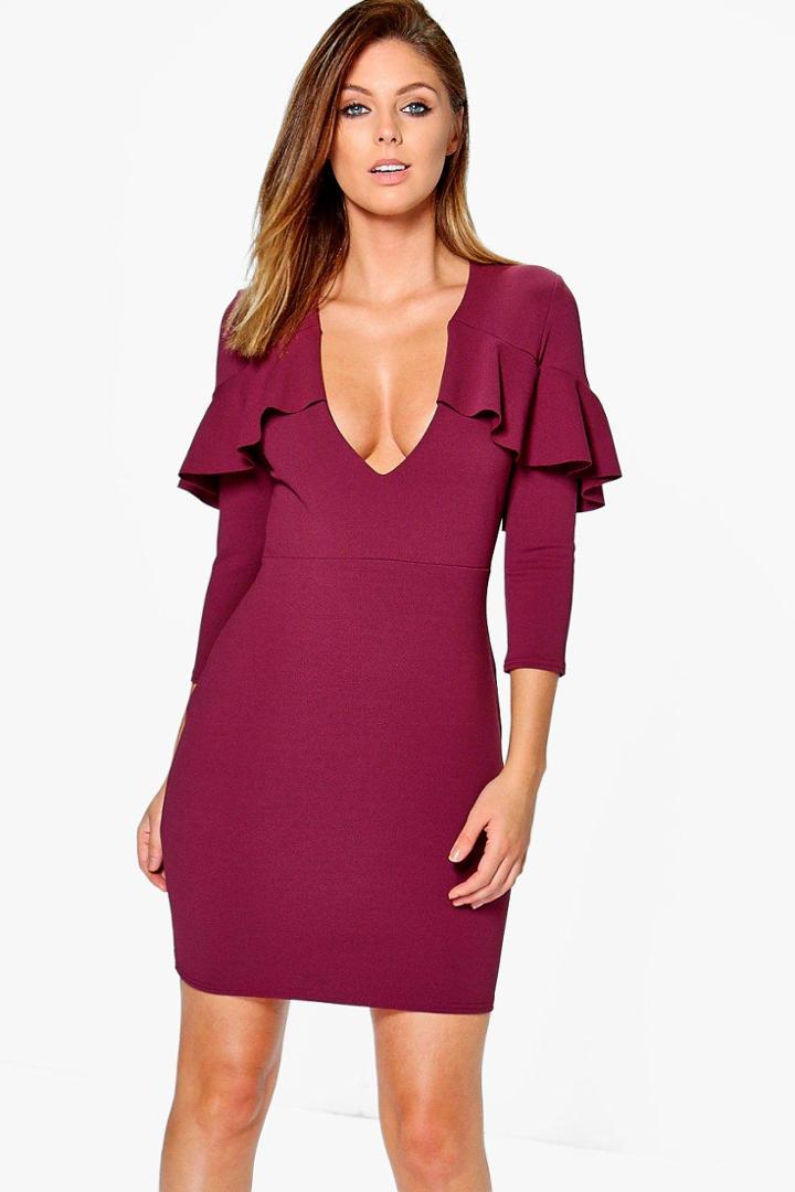 Boohoo Lola Frill Detail Plunge Neck Bodycon Dress Merlot