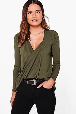 Boohoo Eliza Wrapover Ribbed Long Sleeve Top