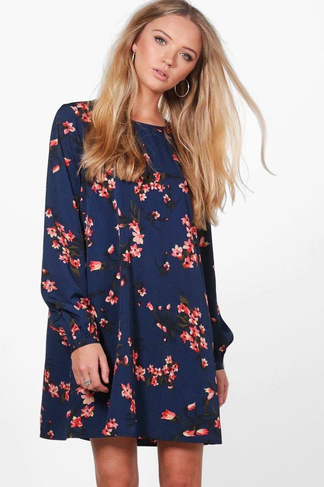 Boohoo Hilda Printed Long Sleeve Swing Dress Navy