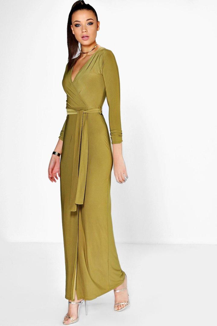 Boohoo Tall Cleo Wrap Front Slinky Maxi Dress Olive