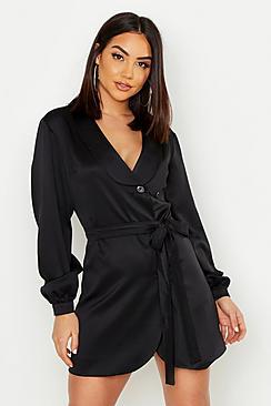 Boohoo Satin Wrap Over Tie Waist Dress