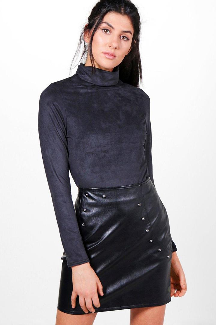 Boohoo Holly Roll Neck Suedette Long Sleeve Top Black