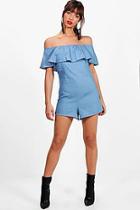 Boohoo Ria Bardot Frill Chambray Playsuit