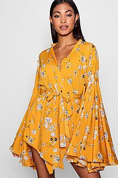 Boohoo Alyssa Floral Wide Sleeve Belted Top