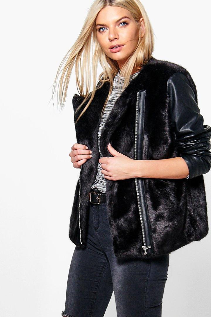 Boohoo Leah Pu Sleeve Faux Fur Zip Up Jacket Black