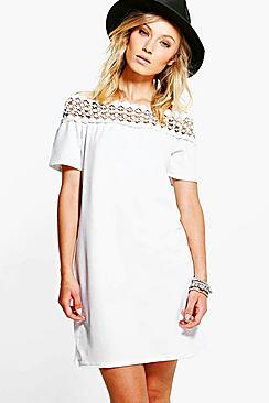 Boohoo Harlow Crochet Trim Bardot Shift Dress