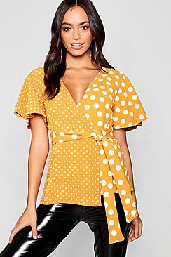 Boohoo Spliced Spot Wrap Top