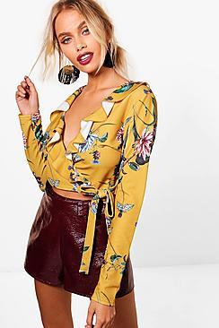 Boohoo Lauren Oriental Print Ruffle Top