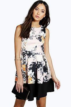 Boohoo Alice Floral Box Pleat Skater Dress