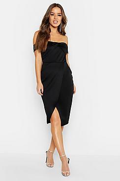 Boohoo Petite Twist Front Bardot Wrap Midi Dress