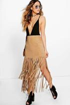Boohoo Boutique Manila Suedette Tassle Midi Skirt Sand