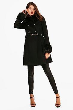 Boohoo Belted Faux Fur Trim Wool Look Coat