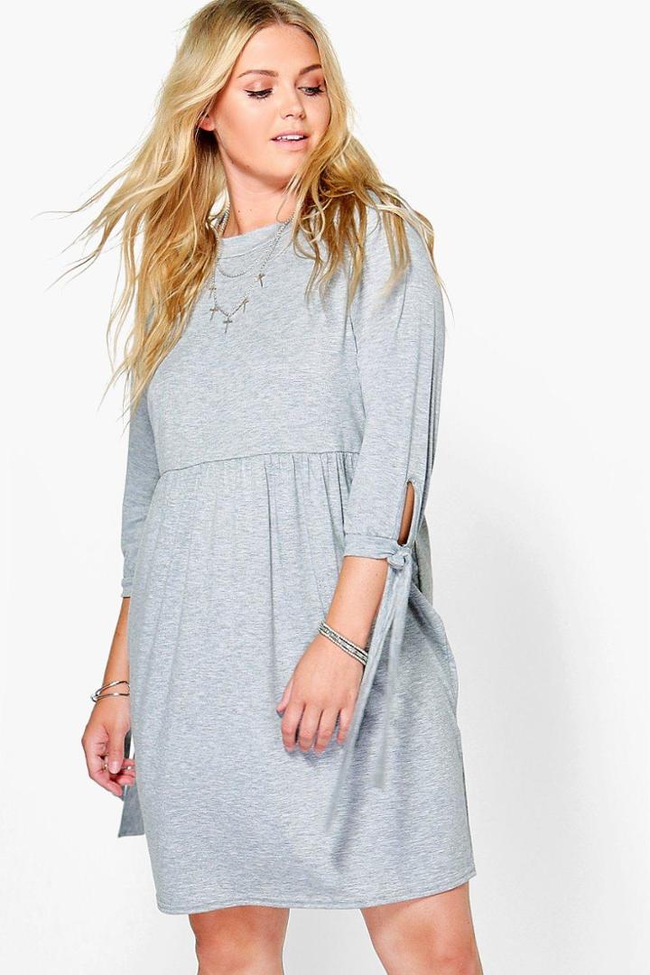 Boohoo Plus Saskia Tie Detail Smock Dress Grey